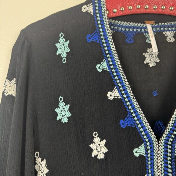 Free People Boho Star Gazer Peasant Babydoll Mini Tunic Dress Black Blue Small - Picture 4 of 16